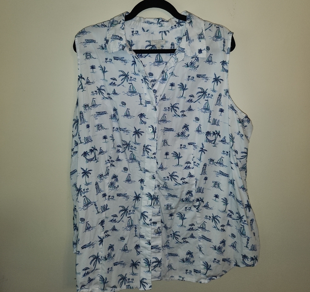 Talbots White Sleeveless Button-Down Top with Blue Tropical Print